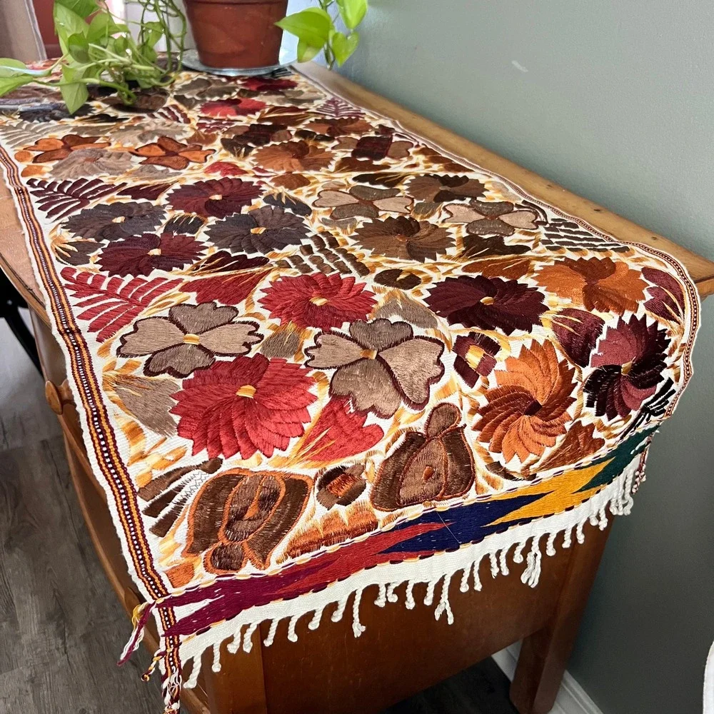Vintage Mexican Folk Art Embroidered Table Runner Floral Earth Tones 49x18
